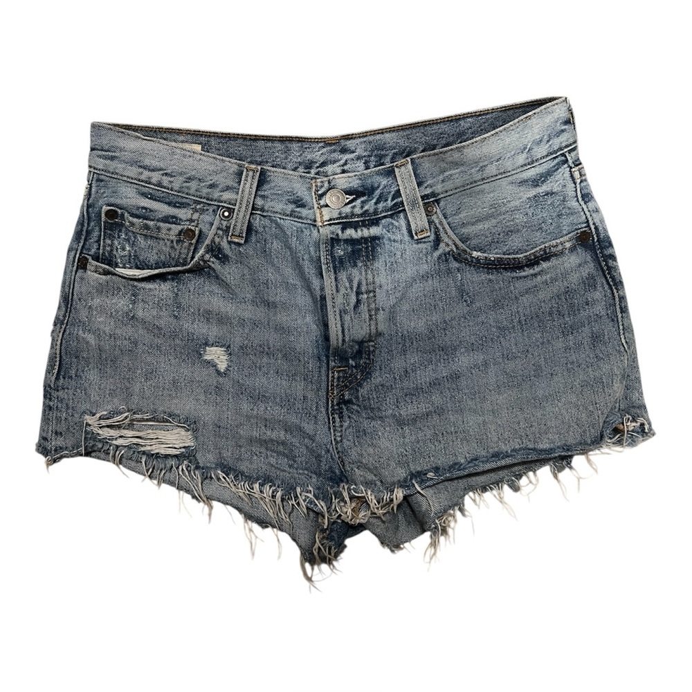 Levis Premium 501 Blue Distressed Denim Jean Shorts Frayed- Size 28